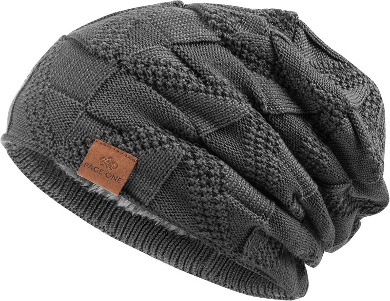 PAGE ONE Mens Winter Slouchy Beanie Warm Fleece Lined Skull Cap Baggy Cable Knit Hat - Image 1